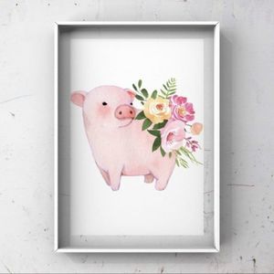 Watercolor piglet with flowers on back art print